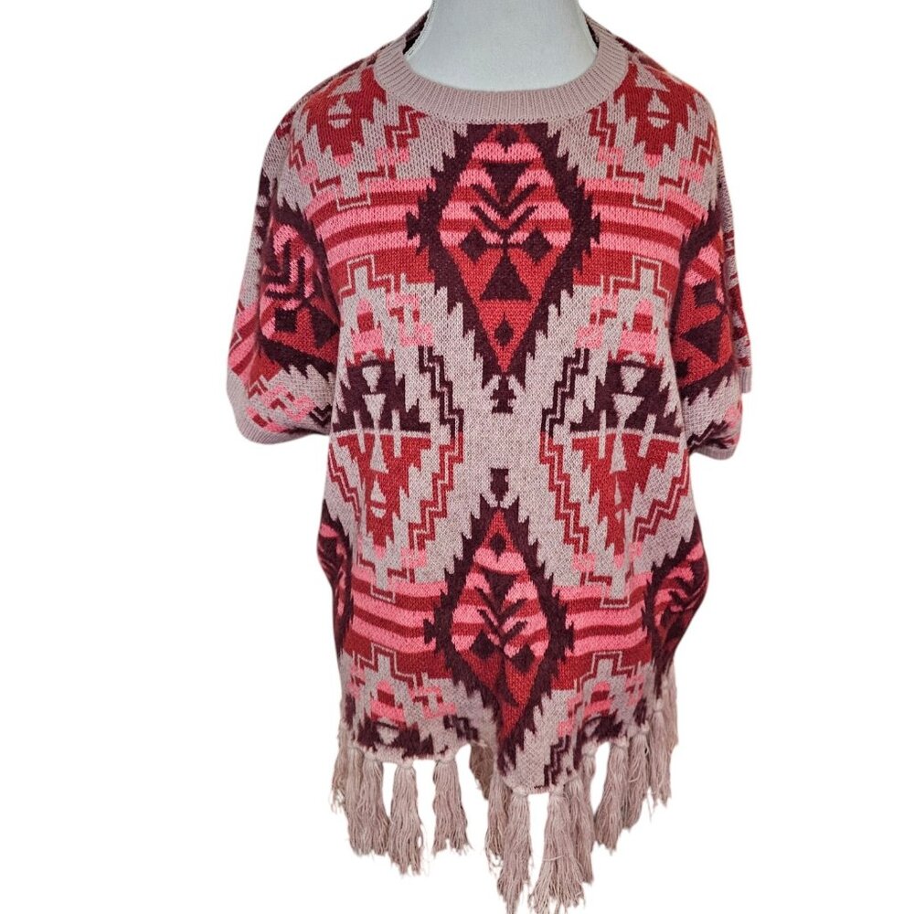 Savanna Jane Pink Sweater Aztec Fringe Southwest‎ Size M Oversized Short Sleeve